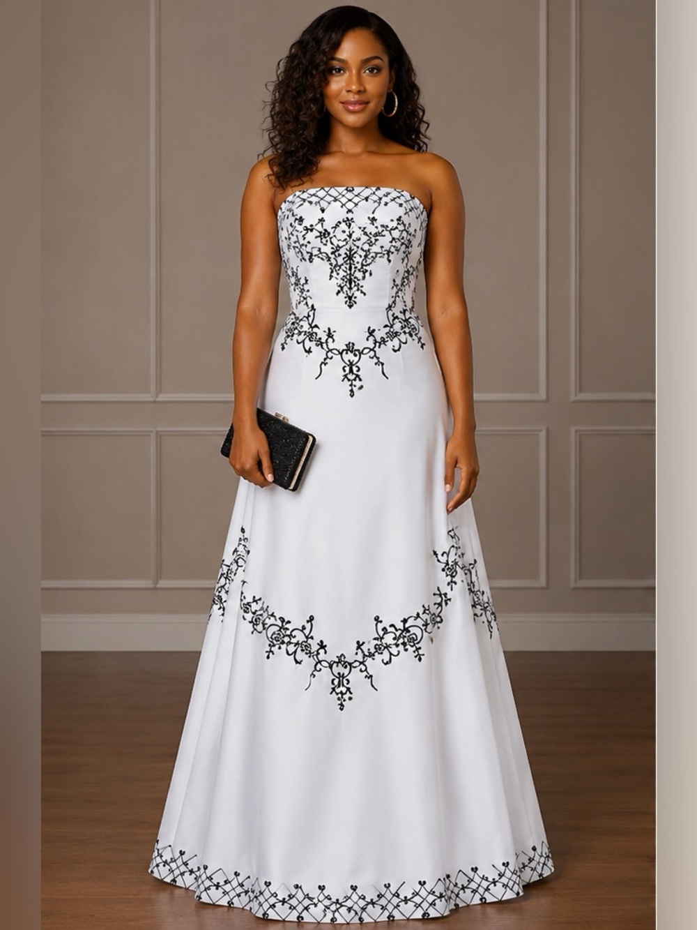 Vintage White Black Embroidered Strapless Evening Gown Formal Prom Ball Dress